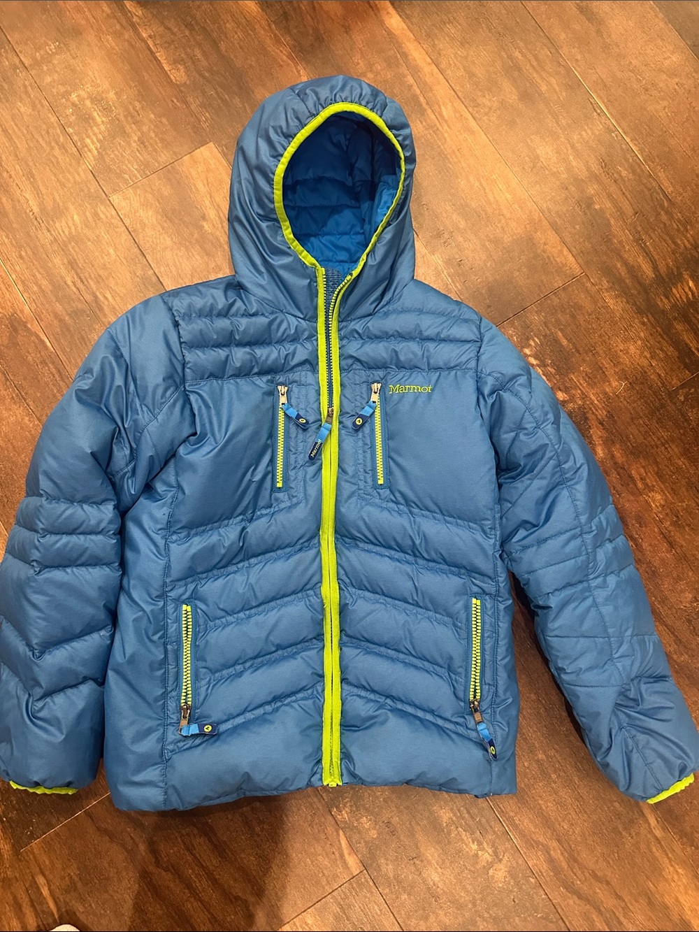 Marmot Blue Hooded Down Jacket with Neon Lime Accents